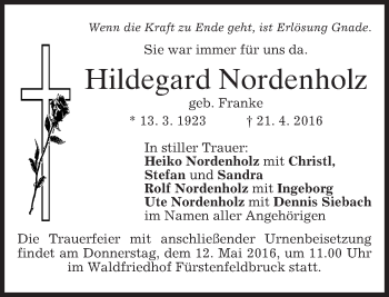 Todesanzeige von Hildegard Nordenholz von merkurtz