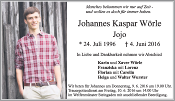Todesanzeige von Johannes Kaspar Wörle von merkurtz
