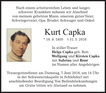 Todesanzeige von Kurt Capka von merkurtz