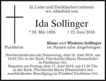 Todesanzeige von Ida Sollinger von merkurtz