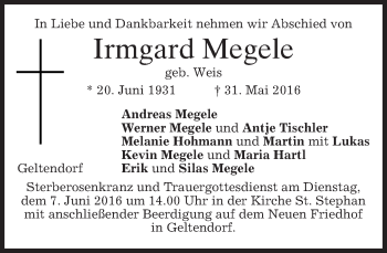Todesanzeige von Irmgard Megele von merkurtz