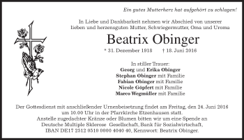 Todesanzeige von Beatrix Obinger von merkurtz