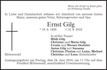 Todesanzeige von Ernst Gilg von merkurtz