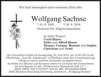 Todesanzeige von Wolfgang Sachsse von merkurtz