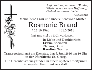 Todesanzeige von Rosmarie Brand von merkurtz