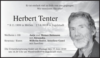 Todesanzeige von Herbert Tenter von merkurtz