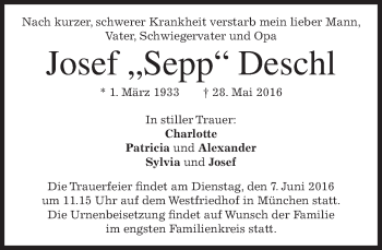 Todesanzeige von Josef Deschl von merkurtz