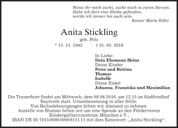 Todesanzeige von Anita Stickling von merkurtz
