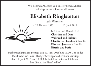 Todesanzeige von Elisabeth Ringlstetter von merkurtz
