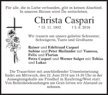 Todesanzeige von Christa Caspari von merkurtz