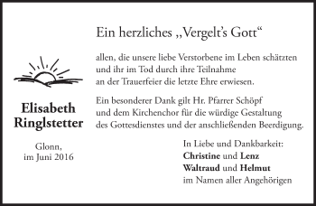 Todesanzeige von Elisabeth Ringlstetter von merkurtz