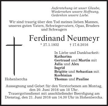 Todesanzeige von Ferdinand Neumeyr von merkurtz