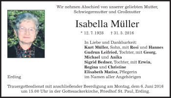 Todesanzeige von Isabella Müller von merkurtz