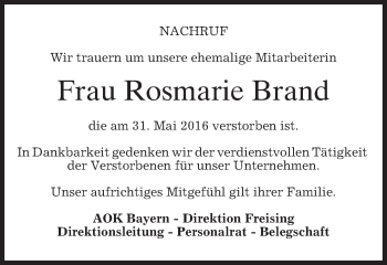 Todesanzeige von Rosmarie Brand von merkurtz