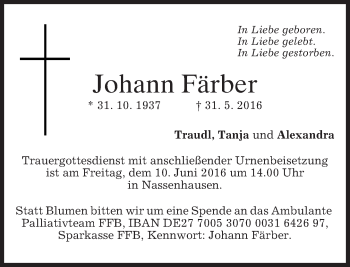 Todesanzeige von Johann Färber von merkurtz