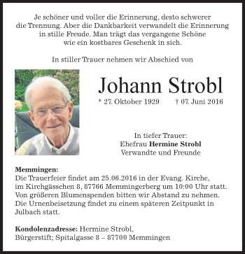 Todesanzeige von Johann Strobl von merkurtz