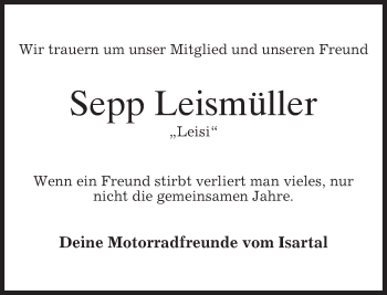 Todesanzeige von Sepp Leismüller von merkurtz
