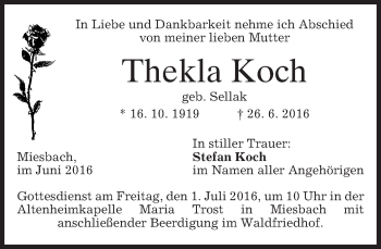 Todesanzeige von Thekla Koch von merkurtz