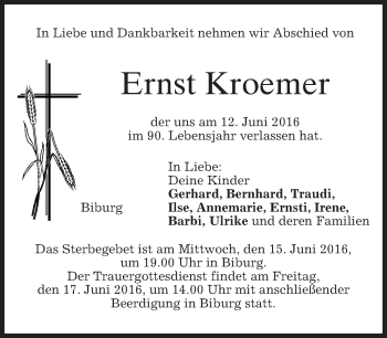 Todesanzeige von Ernst Kroemer von merkurtz