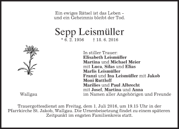 Todesanzeige von Sepp Leismüller von merkurtz
