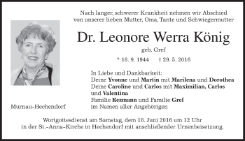 Todesanzeige von Leonore Werra König von merkurtz