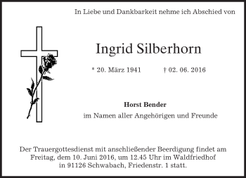Todesanzeige von Ingrid Silberhorn von merkurtz