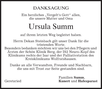 Todesanzeige von Ursula Summ von merkurtz