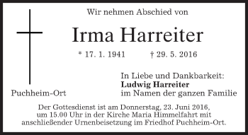 Todesanzeige von Irma Harreiter von merkurtz