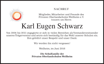 Todesanzeige von Karl Eugen Schwarz von merkurtz