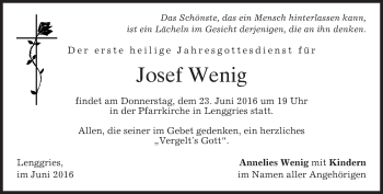 Todesanzeige von Josef Wenig von merkurtz