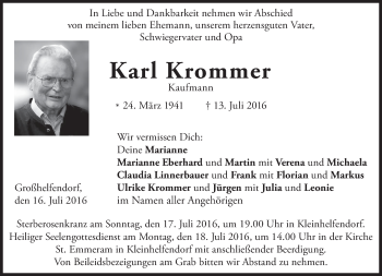 Todesanzeige von Karl Krommer von merkurtz