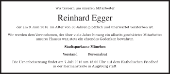 Todesanzeige von Reinhard Egger von merkurtz