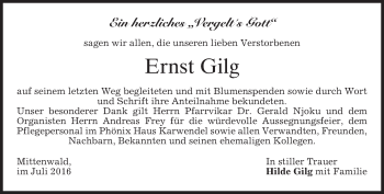Todesanzeige von Ernst Gilg von merkurtz