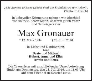 Todesanzeige von Max Gronauer von merkurtz
