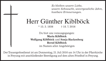 Todesanzeige von Günther Kiblböck von merkurtz
