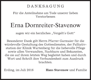 Todesanzeige von Erna Dornreiter-Stavenow von merkurtz