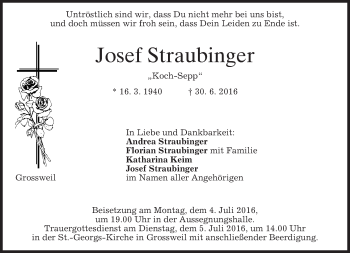 Todesanzeige von Josef Straubinger von merkurtz
