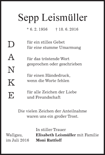 Todesanzeige von Sepp Leismüller von merkurtz