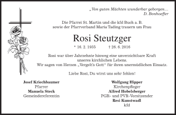Todesanzeige von Rosi Steutzger von merkurtz