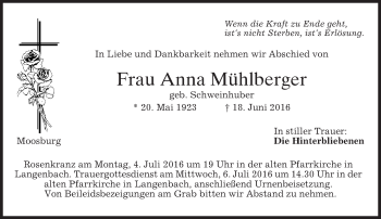 Todesanzeige von Anna Mühlberger von merkurtz