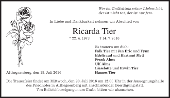 Todesanzeige von Ricarda Tier von merkurtz