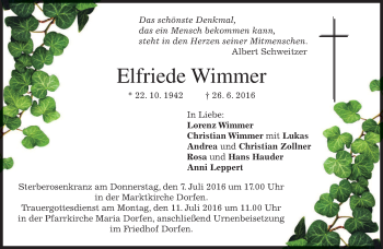Todesanzeige von Elfriede Wimmer von merkurtz