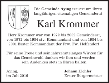 Todesanzeige von Karl Krommer von merkurtz
