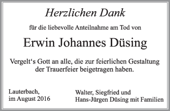 Todesanzeige von Erwin Johannes Düsing von merkurtz