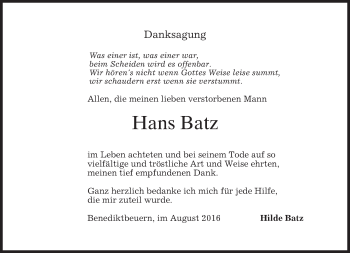 Todesanzeige von Hans Batz von merkurtz