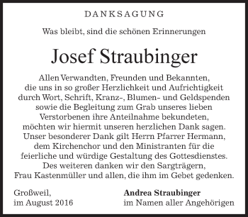 Todesanzeige von Josef Straubinger von merkurtz