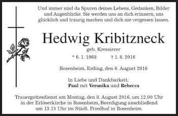Todesanzeige von Hedwig Kribitzneck von merkurtz