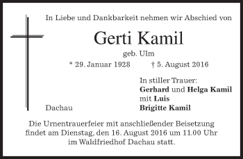 Todesanzeige von Gerti Kamil von merkurtz