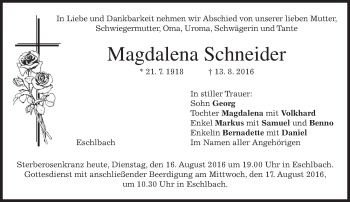 Todesanzeige von Magdalena Schneider von merkurtz
