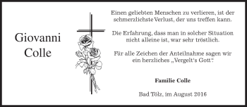 Todesanzeige von Giovanni Colle von merkurtz